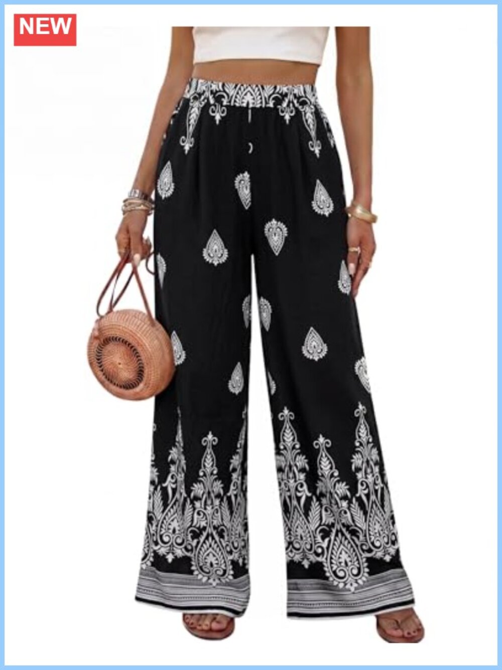 Boho Flowy Palazzo Pants Elastic Waist with Pockets Wide Leg